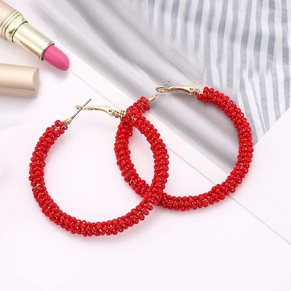 Red Seed Bead Hoop Earrings